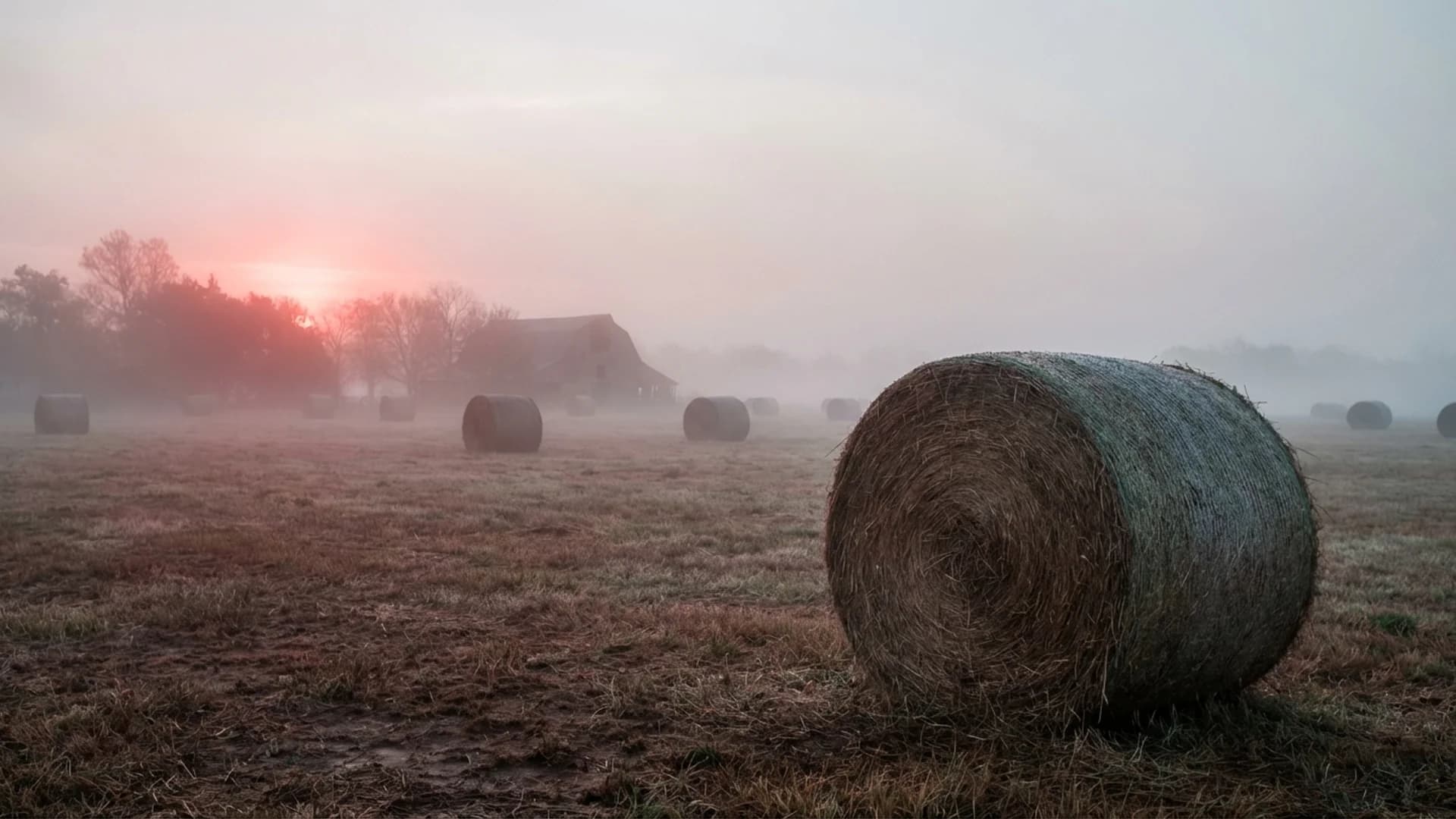 Misty morning farm landscape with hay bales