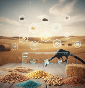 A digital diagram of the URMARKET platform overlaying a still-life of agricultural commodities (wheat, corn, soybeans, sorghum, hay, fertilizer, and a diesel pump handle) on a table, set against a hay field backdrop. The digital overlay highlights 'Smart Contracts,' 'Chain of Custody,' and 'Immutable Records.'